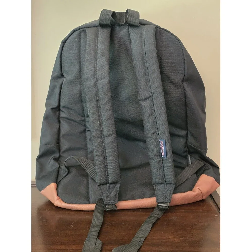 JanSport City View Backpack Black Laptop Pocket Faux Leather Bottom Adjustable